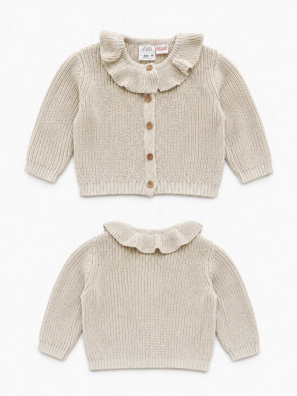 Zara Kids Cream Ruffled Collar Knit Baby Button Down Cardigan Sweater, 18-24mo